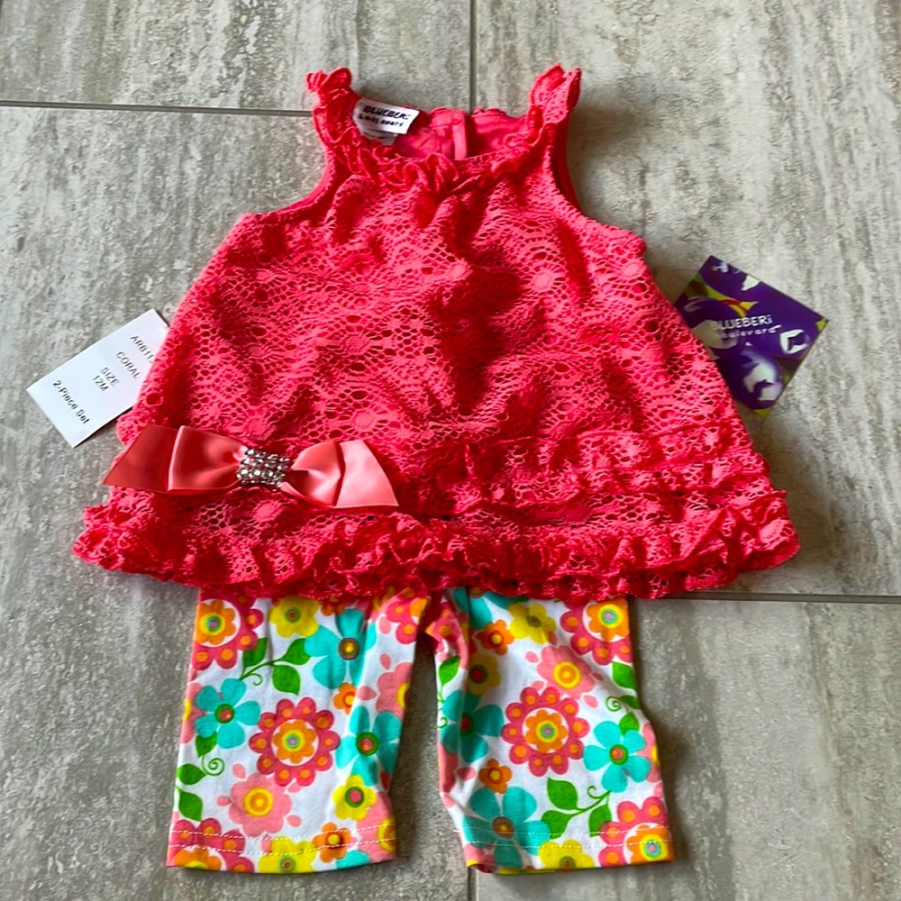 Blueberry lace dress paired with floral pants size 12 months